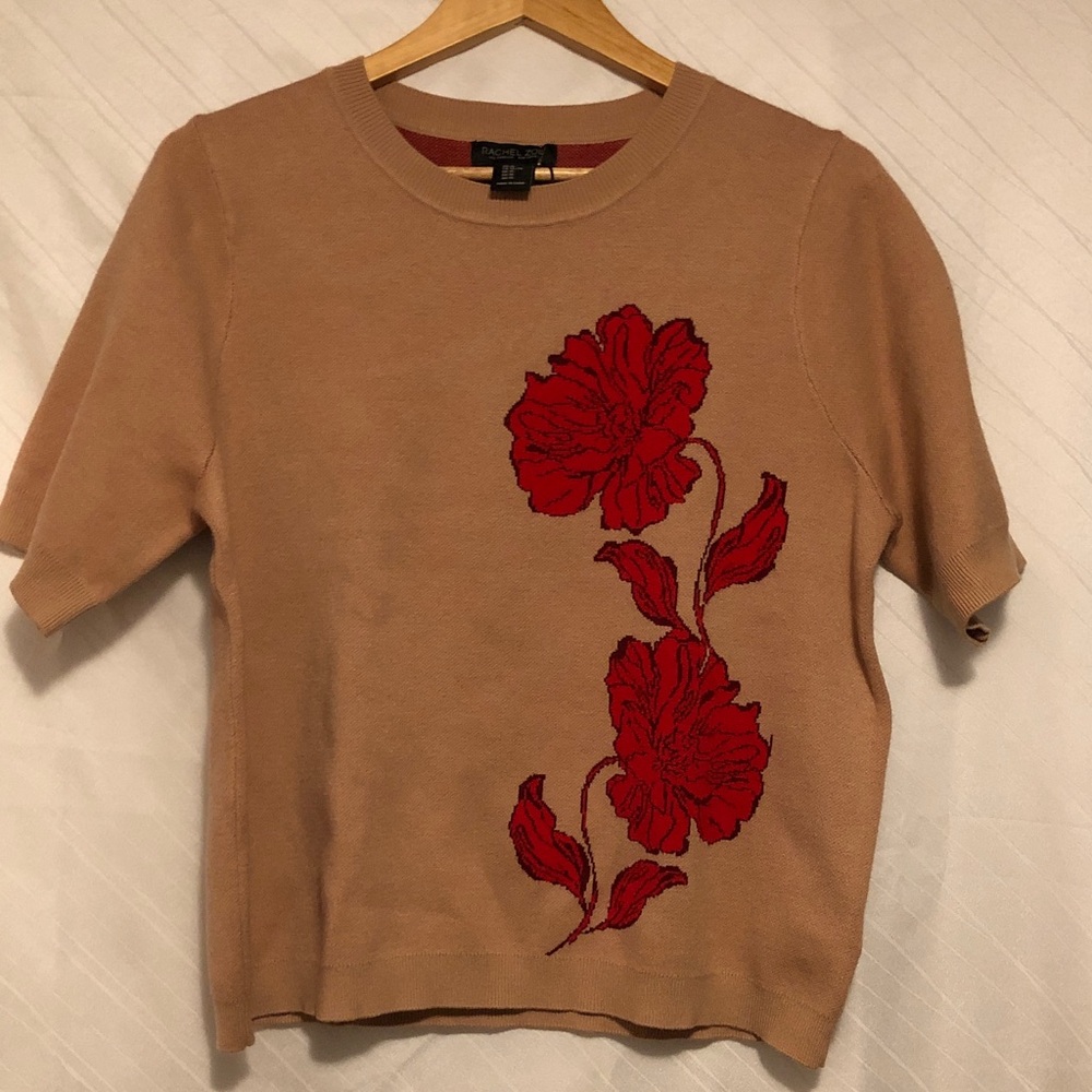 NWT- RACHEL ZOE Tan Top with Red Floral Embroidery